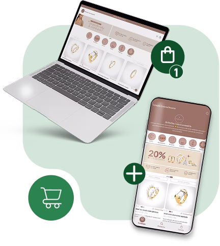 Catálogo digital do segmento de joias e acessórios exibido em notebook e celular com vitrine responsiva, carrinho de compras, e funcionalidades de pedidos online pelo Conecta Venda