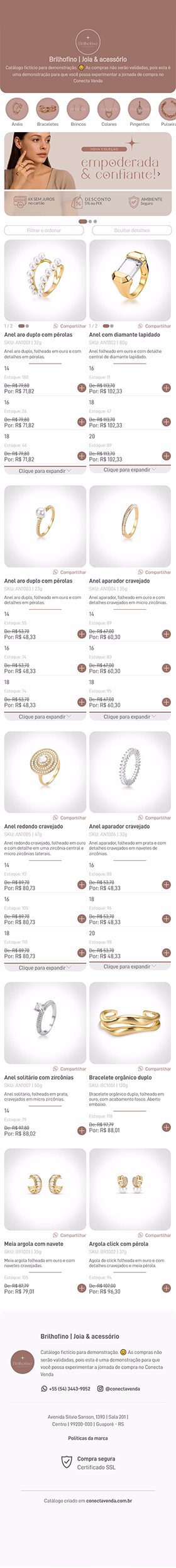 Rolagem contínua apresentando a vitrine digital completa do Conecta Venda no segmento de joias e acessórios, com layout responsivo e navegação fluida.